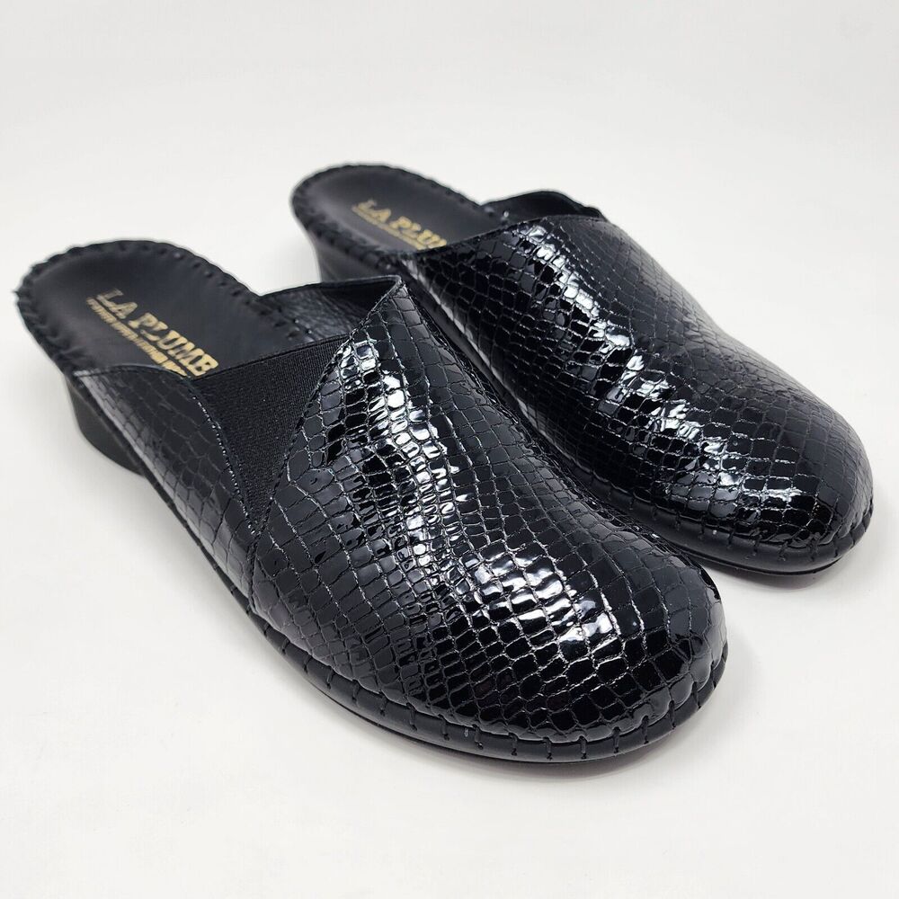La Plume Mule Clog Women 10.5 Salerno Black Crocodile Patent Leather Comfort